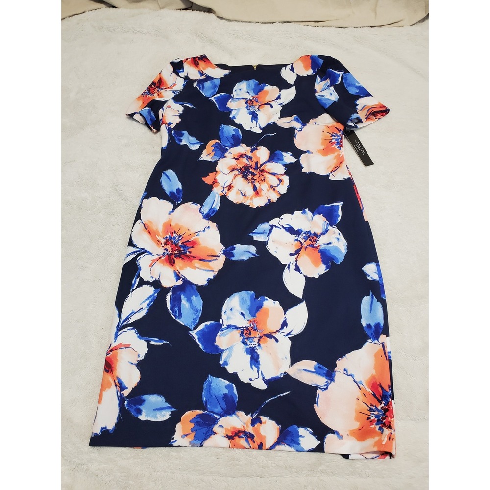 NWT Tahari Blue Floral Hawaiian Short Sleeve Office Work Classic Sheath Dress 16